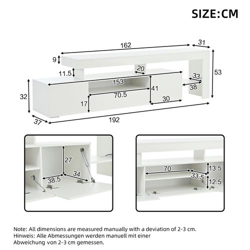 Meuble TV 192x37x53 Cm, 3 Portes, LED, Moderne, Design Simple, Aggloméré, Blanc