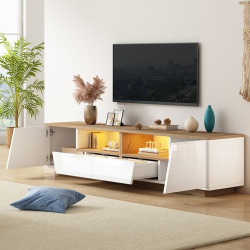 Meuble TV 180x40x46cm, 2 Portes, 2 Tiroirs, Passe-câbles, Moderne, LED, Aggloméré, Blanc+bois