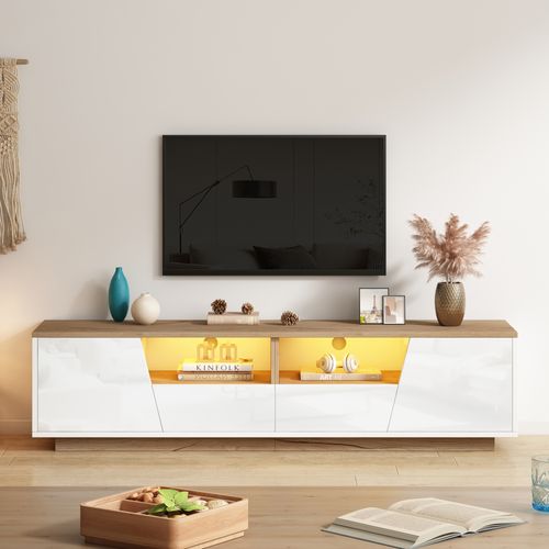 Meuble TV 180x40x46cm, 2 Portes, 2 Tiroirs, Passe-câbles, Moderne, LED, Aggloméré, Blanc+bois