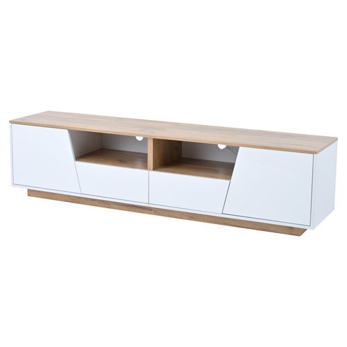 Meuble TV 180x40x46cm, 2 Portes, 2 Tiroirs, Passe-câbles, Moderne, LED, Aggloméré, Blanc+bois