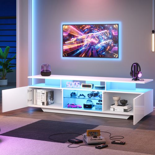 Meuble TV 160x40x45cm, 2 Portes, LED, Passe-câbles, Moderne, Étagères En Verre, Mdf, Blanc