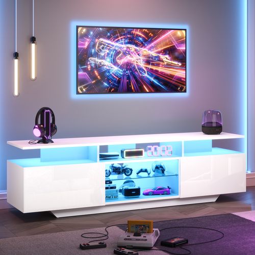 Meuble TV 160x40x45cm, 2 Portes, LED, Passe-câbles, Moderne, Étagères En Verre, Mdf, Blanc