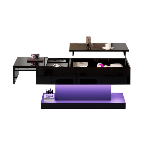 Table Basse 100*50*45cm, Table Salon De Rangement, Plateau Relevable Et Coulissant, LED, En Pb, Noir