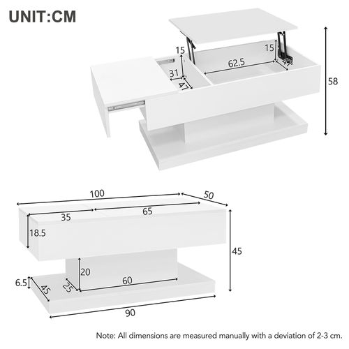 Table Basse 100*50*45cm, Table Salon, Brillant, Plateau Relevable Et Coulissant, LED, Pb, Blanc
