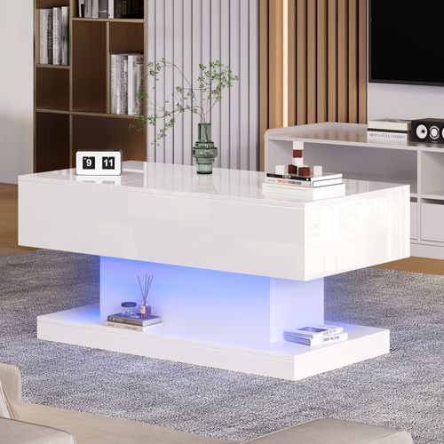 Table Basse 100*50*45cm, Table Salon, Brillant, Plateau Relevable Et Coulissant, LED, Pb, Blanc