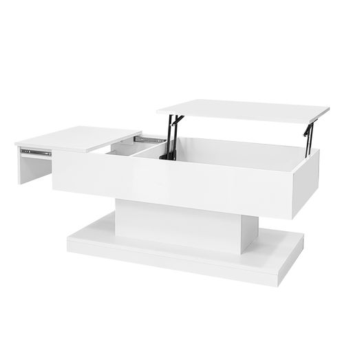 Table Basse 100*50*45cm, Table Salon, Brillant, Plateau Relevable Et Coulissant, LED, Pb, Blanc