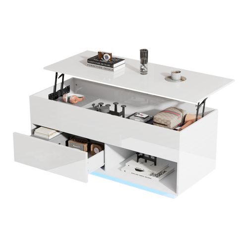 Table Basse 100*50*55cm, Table Salon, Plateau Relevable, LED, Brillant, Tiroir, Niche, En Pb, Blanc