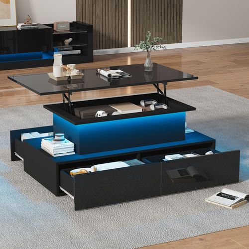 Table Basse 90x55x41cm, Table De Salon, Tiroir, Compartiment Caché, LED, Plateau Relevable, Pb, Noir