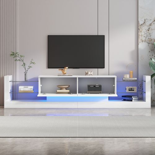 Meuble TV, 181*38*38cm, Meuble De Salon, LED, Portes Abattantes, Étagères En Verre Trempé, Pb, Blanc