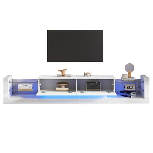 Meuble TV, 181*38*38cm, Meuble De Salon, LED, Portes Abattantes, Étagères En Verre Trempé, Pb, Blanc