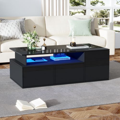 Table Basse 100x50x35cm, Table De Salon, 3 Niches Latérales, 1 Étagère, 2 Tiroirs, LED, En Pb, Noir