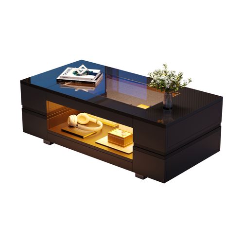 Table Basse 100*50*35cm, Table Salon, LED, Grand Stockage Creux, Plateau En Verre Trempé, Pb, Noir