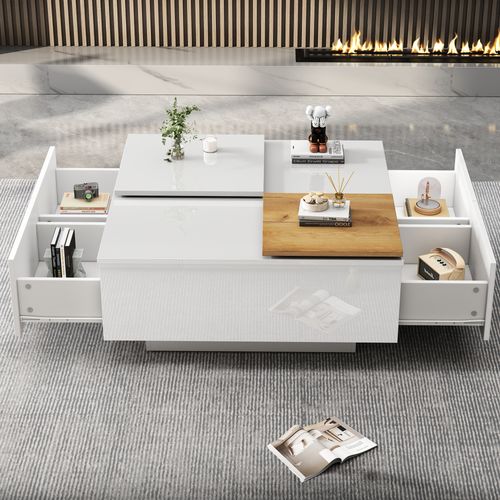 Table Basse Carrée 75*75*33,5cm, Table Avec 4 Tiroir, Plateau, Pb, Bois, Couleur Blanc Et Bois