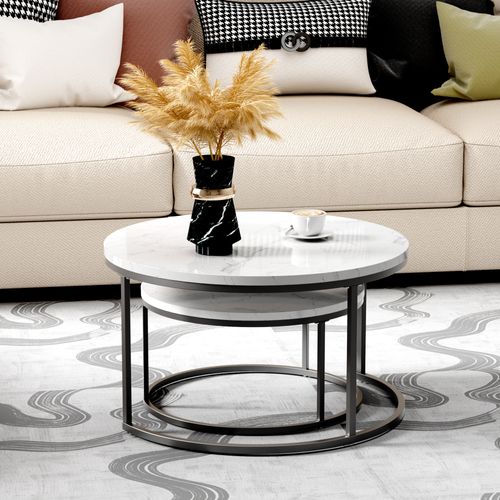 Table Gigogne Avec 2 Tables Rondes - Empilables Pour Salon Et Bureau, Mdf/metal - Blanc