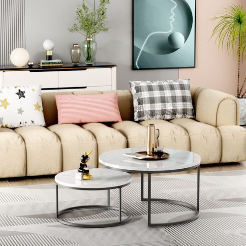 Table Gigogne Avec 2 Tables Rondes - Empilables Pour Salon Et Bureau, Mdf/metal - Blanc