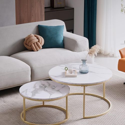 Table Gigogne 2 Pièces - Tables Rondes Empilables Avec Plateau Mdf Facile à Nettoyer - Doré