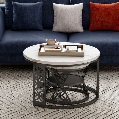 Table Gigogne 2p - Rondes Empilables Effet Marbre Avec Pied Métal - Blanc/noir