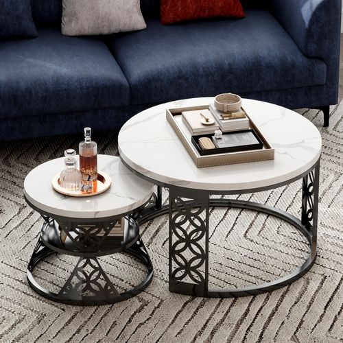 Table Gigogne 2p - Rondes Empilables Effet Marbre Avec Pied Métal - Blanc/noir