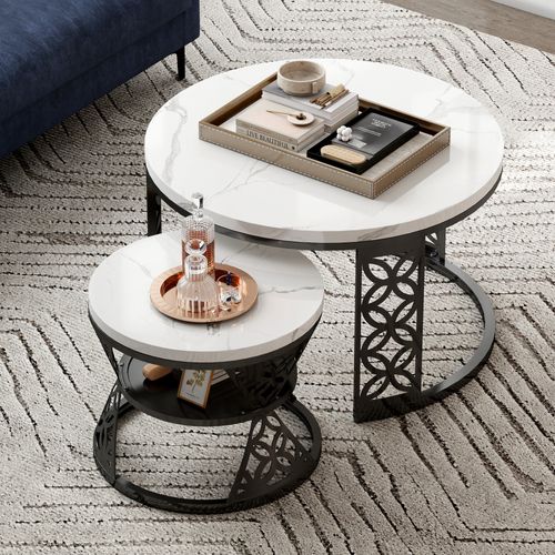 Table Gigogne 2p - Rondes Empilables Effet Marbre Avec Pied Métal - Blanc/noir