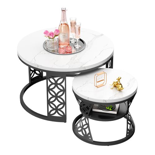 Table Gigogne 2p - Rondes Empilables Effet Marbre Avec Pied Métal - Blanc/noir