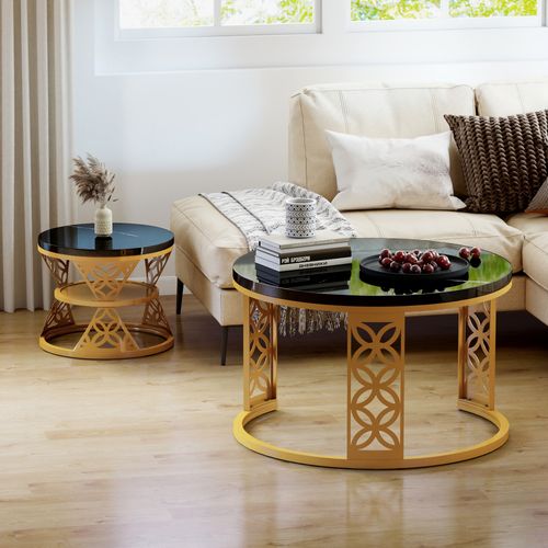 Table Gigogne 2p - Rondes Empilables Effet Marbre Noir Avec Pied Doré - Noir/or