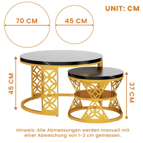Table Gigogne 2p - Rondes Empilables Effet Marbre Noir Avec Pied Doré - Noir/or