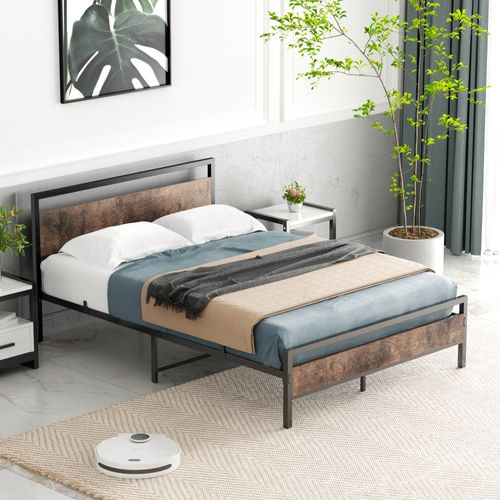 Lit En Métal 140x200 Cm - Lit Double Moderne Bois Et Métal Pour Chambre Ado