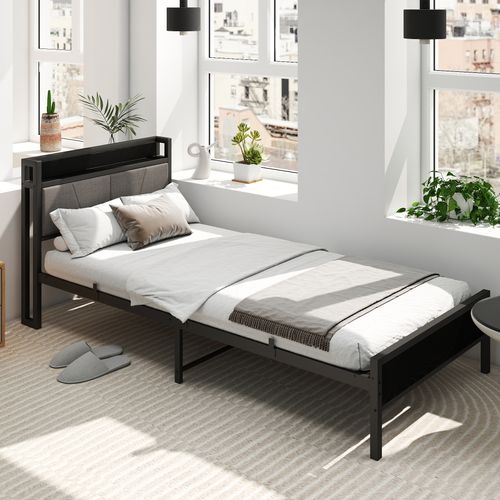 Lit Simple Ado Avec Rangement Et Tête De Lit Capitonnée - 90x200 Cm Noir