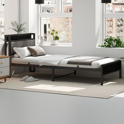 Lit Simple Ado Avec Rangement Et Tête De Lit Capitonnée - 90x200 Cm Noir