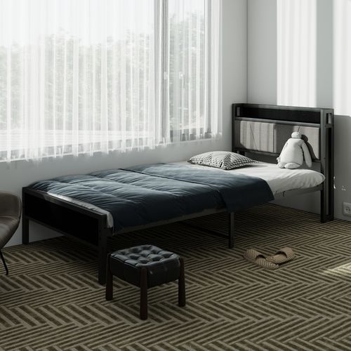 Lit Simple Ado Avec Rangement Et Tête De Lit Capitonnée - 90x200 Cm Noir