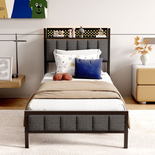 Lit Simple Noir 90x200 Cm Avec Tête De Lit Capitonnée Et LED Intégrées - Lit En Métal