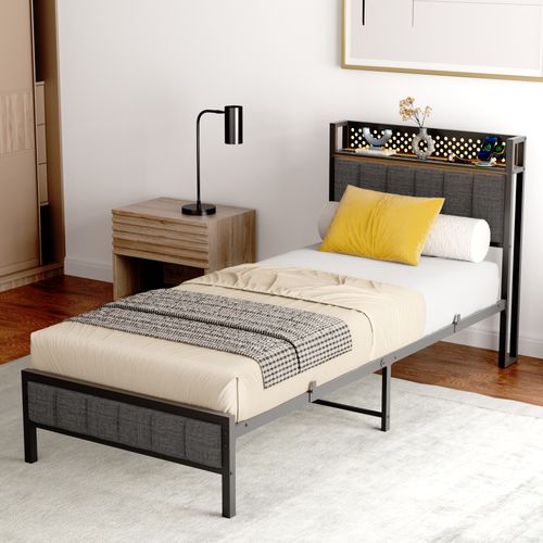 Lit Simple Noir 90x200 Cm Avec Tête De Lit Capitonnée Et LED Intégrées - Lit En Métal