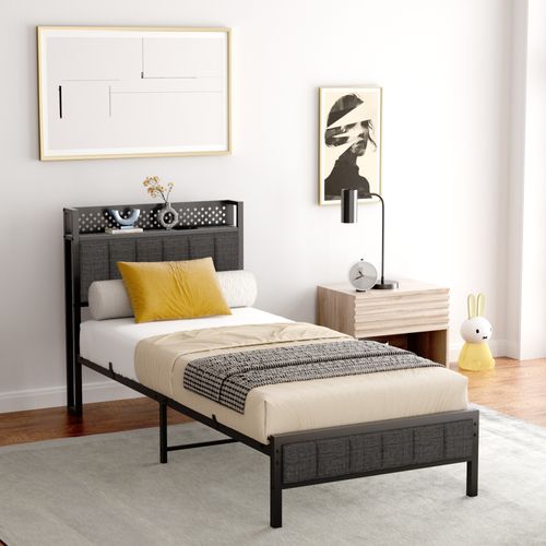 Lit Simple Noir 90x200 Cm Avec Tête De Lit Capitonnée Et LED Intégrées - Lit En Métal