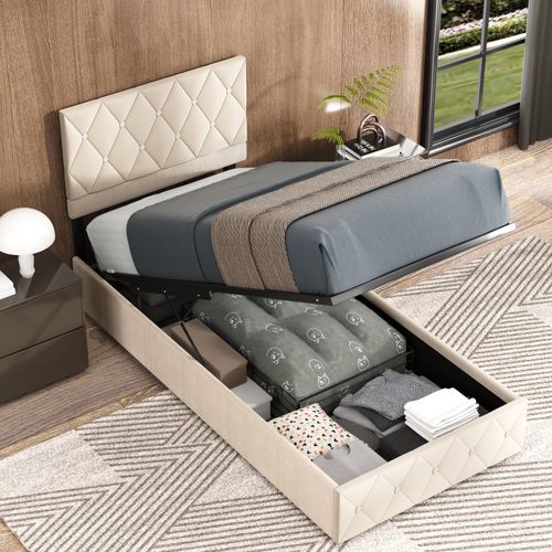 Lit Coffre 90x190 cm - Velours Beige - Rangement - Stabilité Durable - Hydraulique Silencieux