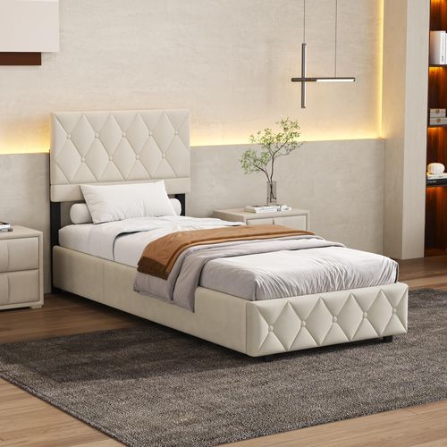 Lit Coffre 90x190 cm - Velours Beige - Rangement - Stabilité Durable - Hydraulique Silencieux