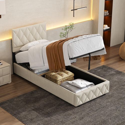 Lit Coffre 90x200 Cm - Lit En Velours Beige Design Moderne Avec Coffre De Rangement