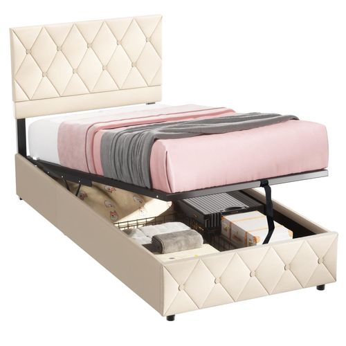 Lit Coffre 90x200 Cm - Lit En Velours Beige Design Moderne Avec Coffre De Rangement