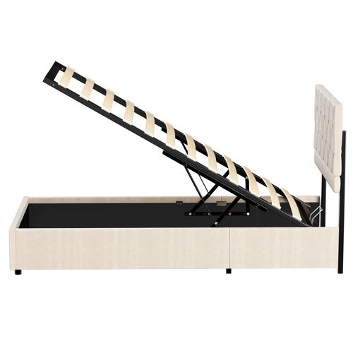 Lit Coffre 90x200 Cm - Lit En Velours Beige Design Moderne Avec Coffre De Rangement