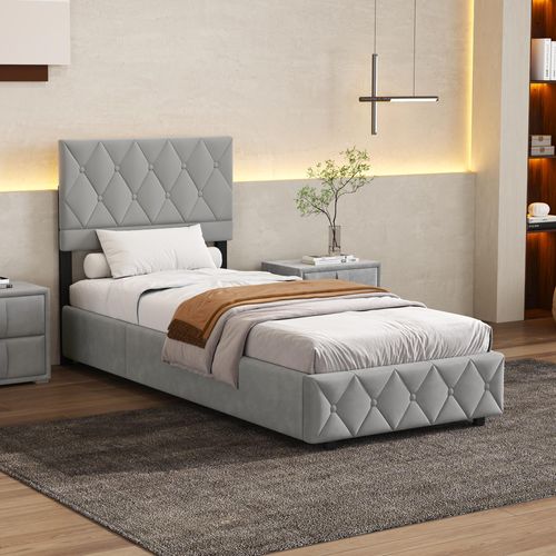 Lit Simple 90x190 Cm - Tête Capitonnée - Espace de rangement cache - Structure robuste -Velours Gris