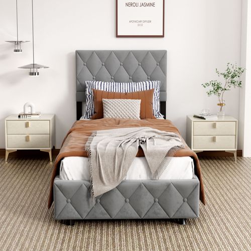 Lit Simple 90x190 Cm - Tête Capitonnée - Espace de rangement cache - Structure robuste -Velours Gris