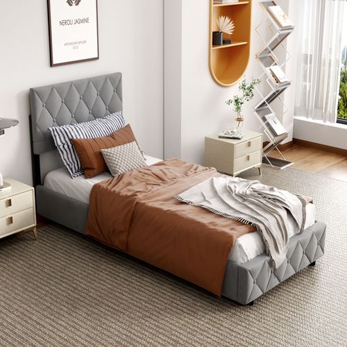 Lit Simple 90x190 Cm - Tête Capitonnée - Espace de rangement cache - Structure robuste -Velours Gris