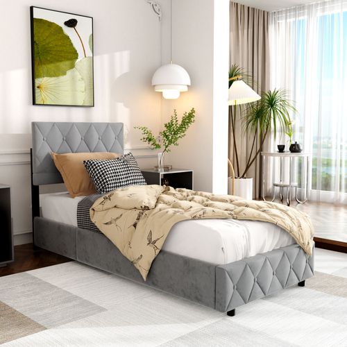 Lit Simple 90x200 Cm Avec Tête Capitonnée - Coffre De Rangement Et Velours Gris Clair