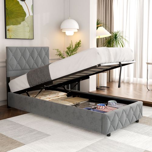 Lit Simple 90x200 Cm Avec Tête Capitonnée - Coffre De Rangement Et Velours Gris Clair