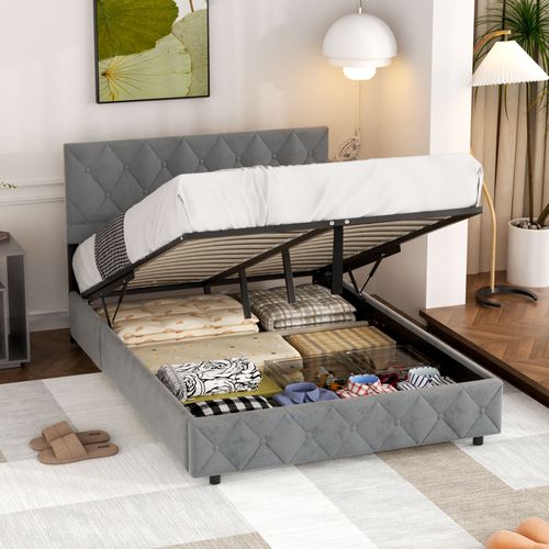 Lit Double 140x200 Cm Tête Capitonnée - Coffre Rangement Velours Gris Clair
