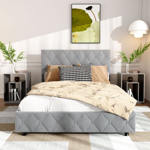 Lit Double 140x200 Cm Tête Capitonnée - Coffre Rangement Velours Gris Clair