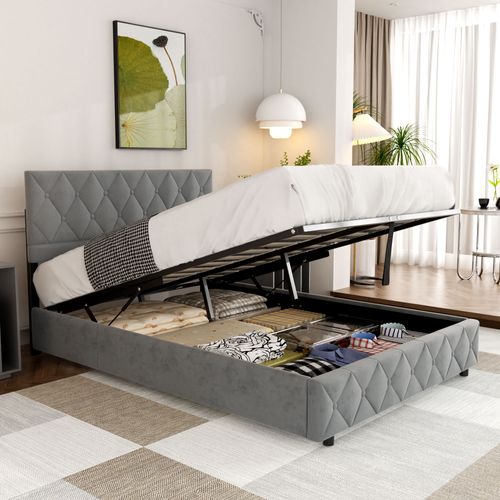Lit Double 140x200 Cm Tête Capitonnée - Coffre Rangement Velours Gris Clair