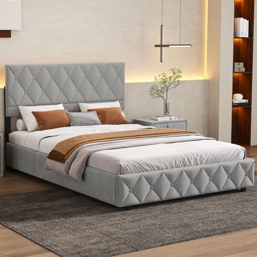 Lit Double 160x200 Cm Avec Rangement Hydraulique - Tissu Velours Gris Moderne