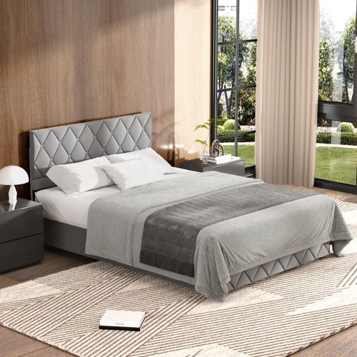 Lit Double 160x200 Cm Avec Rangement Hydraulique - Tissu Velours Gris Moderne