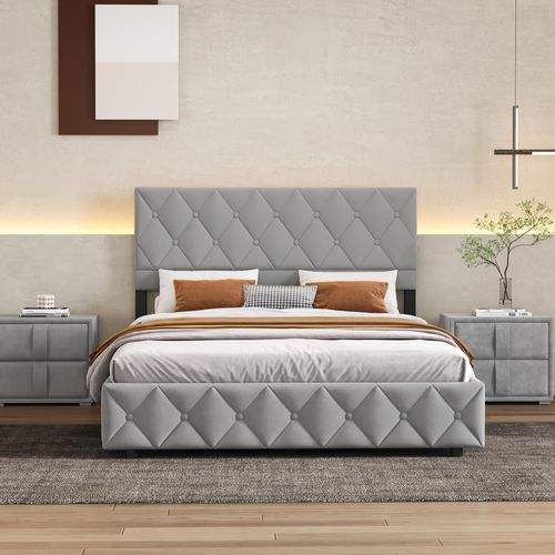 Lit Double 160x200 Cm Avec Rangement Hydraulique - Tissu Velours Gris Moderne