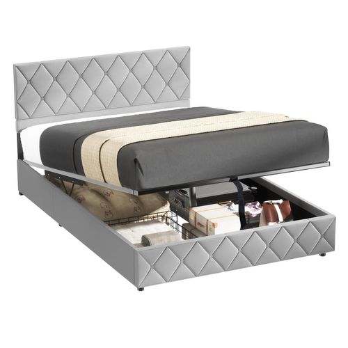 Lit Double 160x200 Cm Avec Rangement Hydraulique - Tissu Velours Gris Moderne